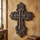 Fleur De Lis Cast Iron Wall Cross Layered Floral Design Rustic Brown 11 Inch