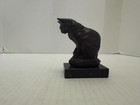 Vintage Bronze Sculpture Of A Sitting Cat On A Black Marble Base Signed Barye
