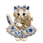 Christmas Blue Cat Brooch Pin Gold Rhinestone Crystal Flower Bouquet Jewelrygift