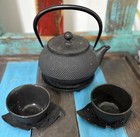Vintage Iwachu Black Hobnail Cast Iron Teapot Strainer Stand Tea Cups Coasters