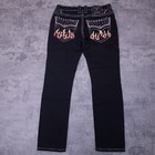 Rock Revival Quince Biker Flames Embroidered Jeans Mens Size 38x34 Black 