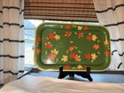 Vtg 50s Mid Century Green Metal Serving Tray Autumn Leaf Pattern Rectangle Retro