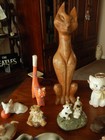 Vintage Antique Cat Figurine Lot Of 17 Assorted Styles Porcelain Wood Bone Resin