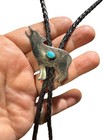 Vintage Sterling Silver Wolf Bolo Tie W  Turquoise     Southwestern Western Navajo