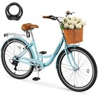 Eoyobike Beach Cruiser Bike For Adult 24 Inch 7 Speed Commute Bike With Basket