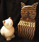 Pair Of Vintage Cat kitty Banks  1 Wood   1 Ceramic