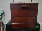 Vintage Wooden Sewing Box Chest 3 Tier Fold Out Tapestry W  Accessories 