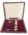 1950s Gustav Hellstr  m Norway Sterling Guilloch   Enamel Vermeil Demitasse Spoons