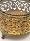 Vintage antique Ormolu Gold Filigree Jewelry Trinket Casket Box Glass Lid Footed