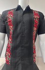 Men Handcrafted Mexico Guayabera Shirt Black Short Sleeve Red   Gold Embroidery