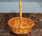 Vtg Small Rustic Hand Woven Natural Wicker Rattan Round Basket W  Handle 