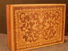 Vintage Inlaid Wood Burl Birdseye Jewelry Trinket Music Box Floral Inlay Dresser