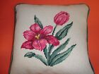 New old Handmade Complete Needlepoint Tulip Floral 13  Pillow Finished Green