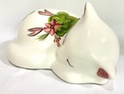Pink   White Floral Kitty Cat Figurine 8  Sleeping Hand Painted Flowers Ceramic