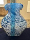 Blue white Swirl Art Glass Vase Glossy Finish Decorative 11in Tall
