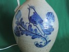 1986 Rowe Pottery Salt Glazed Stoneware Cobalt Bird Jug W handle Lamp Works 