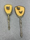 Vintage Butterfly Vanity Hand Mirror Hair Brush Set Yellow Celluloid Ornate