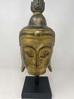 Vintage Burmese Wooden Buddha Head On Wood Stand Mount 18    Gold   Black