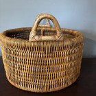 Large Vintage Round Rattan Wicker Basket Wood Bottom Side Handles 19   