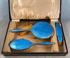 Antique Sterling English Vanity Set With Blue Guilloche Enamel Fitted Case