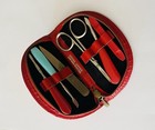 Vintage Manicure Kit 6 Piece Pocket Travel Size Red Leather Case Zipper Close