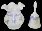 Fenton Hand Painted   Signed 2 Piece Set Glass Vase   Bell Floral Bow 
