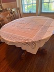 Vtg Cotton Tablecloth Big Swirls Salmon   White 52 x44  Rectangle Mcm Free Ship