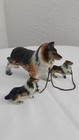 Vintage Collie Dog Porcelain   2 Pups On Chains Black Brown Mid Century Japan Hp