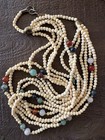 Vintage 5 Strand Bone Bead Necklace 25    Mixed Gemstone Tribal Hook Clasp