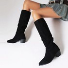 Womens Comfy Pull On Knee High Boots Chunky Heels Pleated Slouch Boots Riding