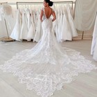 White Mermaid Wedding Dresses Lace Applique O-neck Back Deep V Bridal Gown Train
