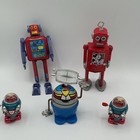 Vintage 1970 Tin Wind-up Robot Toys Lot Of 5 Mini Robots Red blue