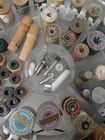 Vintage Lot Of 122 Wooden Sewing Thread Spools Plus Spool Caddy And Container 