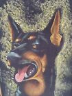 Vintage Doberman Pinscher Velvet Framed Painting Black Dog Wall Art Signed B