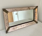 Vintage Pink Venetian Glass Mirrored Vanity Tray  Etched Vines  Beveled  40s 50s