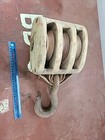 Antique Wood Triple Block 3 Wheel Pulley With Iron Hook For Decoration