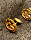 Unique Vintage Art Nouveau Bronzetone Cufflinks With Flower And Pink Rhinestones