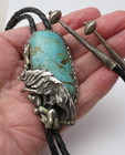 Vtg Bolo Tie Leaping Wolf Sterling Silver Natural Turquoise Native American