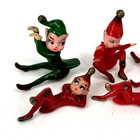 Vintage Lot 6 Mini Red   Green Pixies Elves Christmas Cake Toppers Decor Mcm