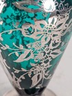 Antique Sterling Silver Overlay Vase Teal Emerald Green Art Nouveau Scroll Handl