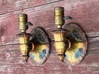 Pair Of Antique Polychrome Cast Spelter Arts   Crafts Sconces W Strap   Rivet