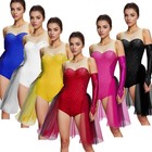Women Rhinestone Lyrical Dress Irregular Flowy Skirt Leotard Figure Ice Skating 