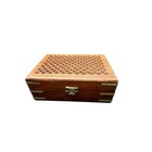Hand Carved Wooden Jewelry Box Brass Inlay Lattice Lid Red Velvet Lining India
