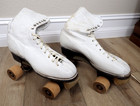 Vintage Pair White Leather Hyde Roller Skates Wood Wheels Chicago Womens W  Key