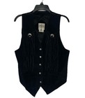 Vintage Woman 100  Leather Medium Fringe Tassel Black Vest Biker Cowgirl Snap 