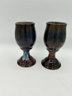2 Bill Campbell Art Studio Drip Glaze Pottery Wine Goblets Blue Brown