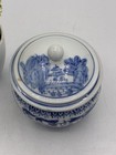 Vintage Chinese Blue White Porcelain Lidded Jar Landscape Motif 4   x3   