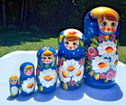 Russian Wooden Blue   White Matryoshka Nesting Dolls Set Of 5 With Flower Design