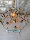 Vintage Mid Century Brass Beveled Etched Glass Brass 5 Light Hanging Chandelier