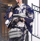 Japanese Summer Kimono Yukata Robe Navy Blue Retro Floral Patter Obi Set Women s